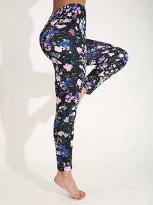 Women's Casual Fashion Sports Leggings, Black, Soft & Stretchy Material, Blue & Pink Floral Pattern, Full Plant Printed, Slim Fit, Suitable For Activities, Parties, Fitness, Yoga, Outdoor Walks, 7/8 Length