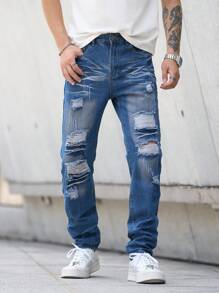 Men's Fashionable Casual Outdoor Activity Streetwear Pants, Ripped Jeans Suitable For Hiphop Dancing Parties, Jogging, Versatile And Comfortable