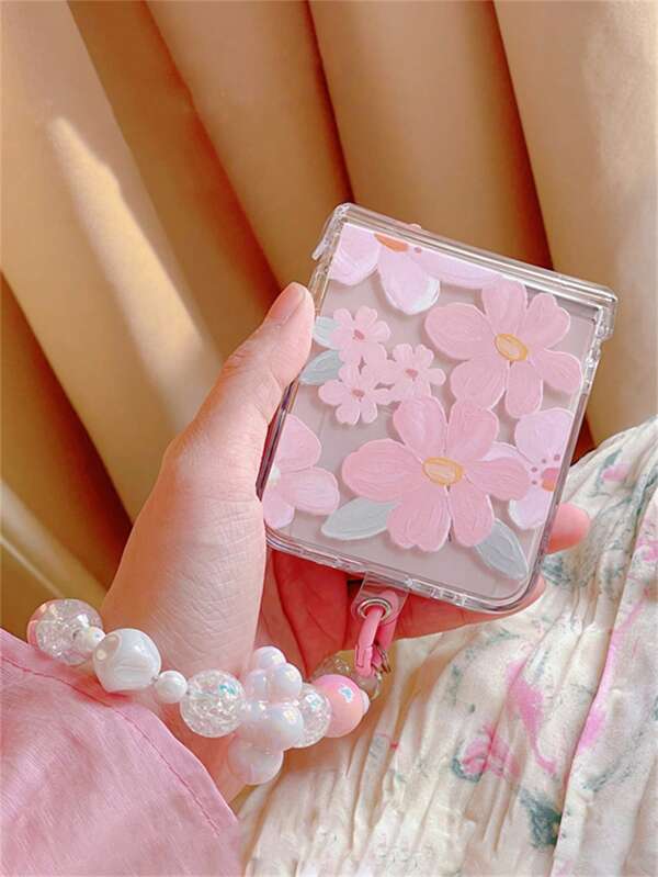 Funda de teléfono con pintura al óleo de flores de primavera y gota láser con cadena, compatible con Samsung Galaxy Z Flip 6 5 4 3, estilo coreano INS con flores rosas y diseño plegable