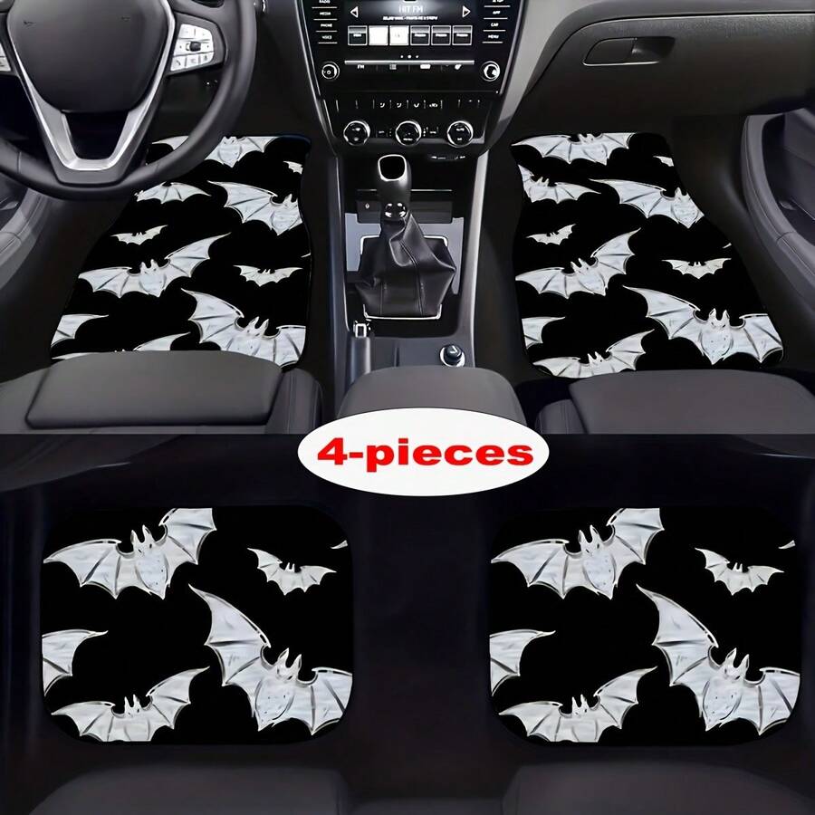 Apto para todos los modelos de automóviles, Juego de 4 piezas de alfombra de automóvil con diseño de murciélago, alfombra de vehículo para todas las estaciones con base antideslizante, accesorios de interior de automóvil fáciles de limpiar - Cuatro conjuntos de patrones de murciélagos - Ver 1