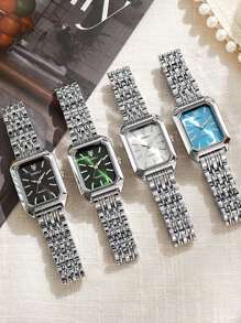 1 pièce Montre Quartz Carrée Pour Femme, Bracelet En Acier Inoxydable À La Mode, Design Minimaliste Et Polyvalent