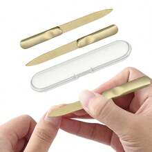 2 件不锈钢指甲锉 - 双面金色指甲锉，符合人体工程学的软握把，无味且可重复使用，男女通用美甲工具 - 家用沙龙级美甲套装（带盒）