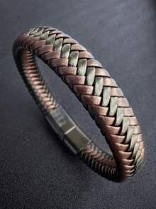 1 件扣男士 PU 皮革手链，钛钢朋克编织腕带圣诞新年情人节节日礼物