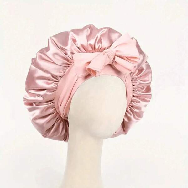 1pc Luxury Pink Satin Bonnet With Adjustable Drawstring And Bow Accent - Soft Hair Protection For Women And Men, Comfortable Ruffle Design, Snug Fit, Hair Care | Satin Bonnet | Smooth Satin Finish Back To School