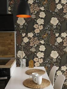 Peel And Stick Wallpaper Floral Vintage Removable Rose Leaf Black/Brown/Beige Stick On Mural Botanical Rose Wall Art Wall Decor Flowers On Navy Bluekid's Room Self Adhesive Wallpaper Wall Paper Wall Stickers Room Decor Wall Sticker