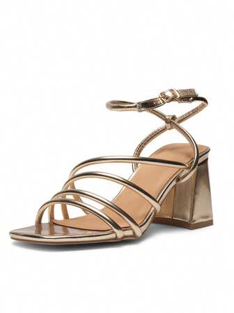 Women's Heeled Sandals With Buckle Strap In Gold Polyurethane - Size US 5-10 / UK 3-8 / EU 36-41 - Ladies Fashionable Block Heel Summer Shoes For Parties, Weddings And Special Occasions - Modern, Comfortable Footwear With Elegant Design
