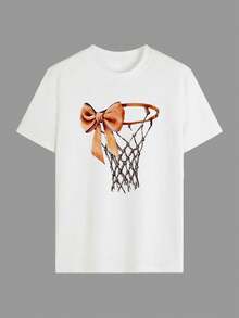 Tween Girl Oversized Casual Basketball Graphic Print T-Shirt, Children's Summer Top - White - View 2