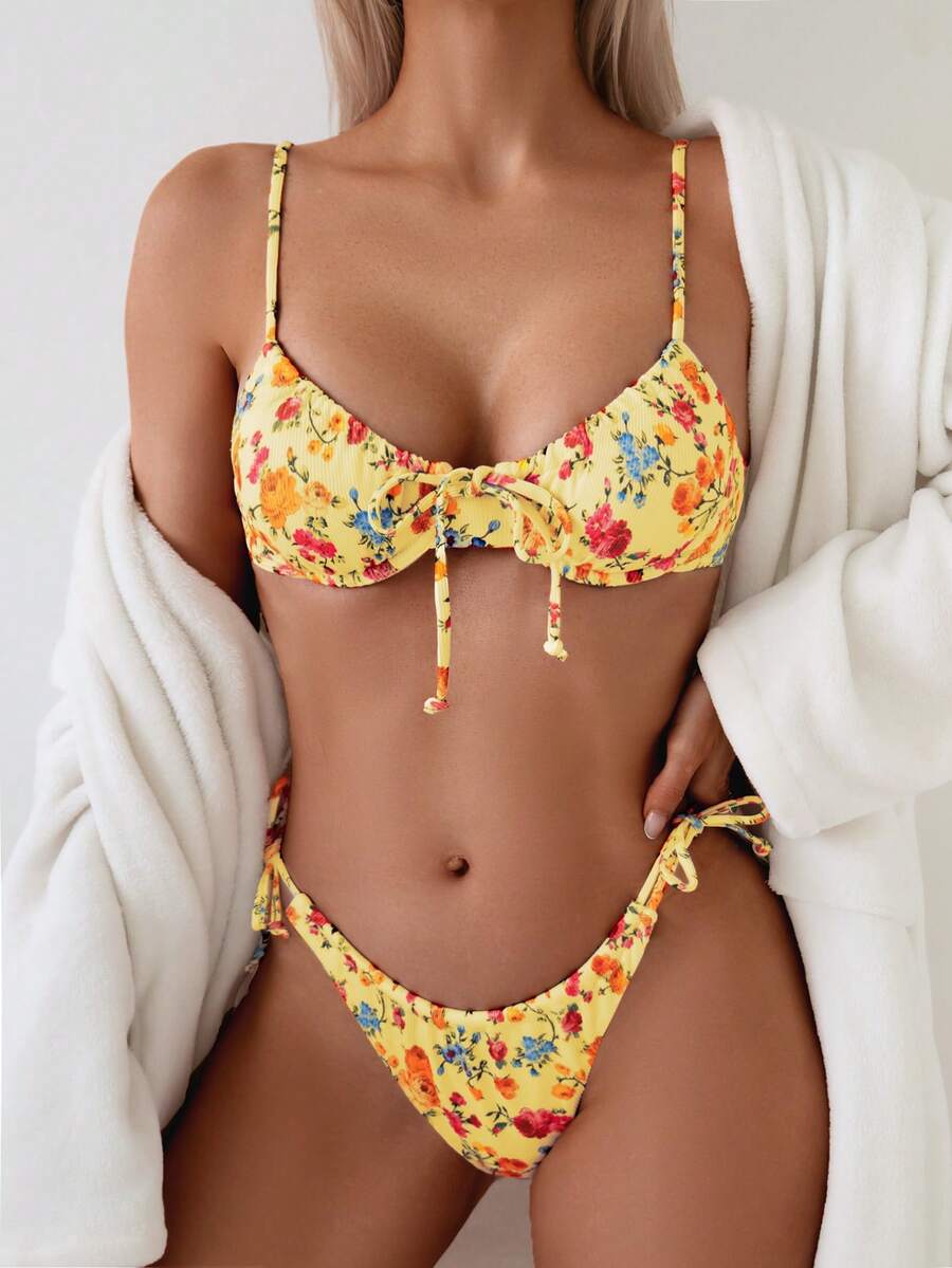 1 套女式两件套比基尼泳衣，带花卉印花和钢圈，时尚性感泳装 - 黃色 - 查看 1