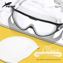 1pc Unisex Adult Waterproof Anti-Fog Swimming Goggles With Ear Plugs, Professional Large Frame Swim Glasses