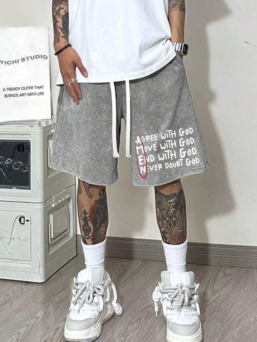 290g Washed Shorts Never Doubt God Summer Men's Retro Washed Casual Street Sports Shorts, Comfortable And Breathable, Suitable For Daily Wear, Adjustable Drawstring Waist Circumference, Elastic Waistband And Pocket - Grey - View 1