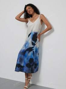 Women's Fashion Floral Print V-Neck Casual Vacation Style Spaghetti Strap Backless Summer Dress, Se-Hore Design