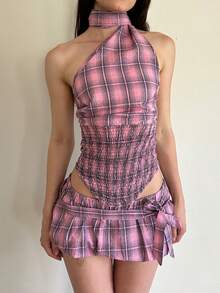 Women Summer Gingham Skirts Set Y2K Sleeveless Halter Crop Top Backless Camisole With Low Waist Bow Belted Bubble Skirt 2 Piece Outfit - 粉色 - 查看 1