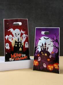 10/25/50 Stücke orange-lila Halloween Geschenktaschen, gruselige Kürbis Hexe Geist Burg gemusterte Geschenktaschen, Halloween Party Geschenkdekorationstaschen, Trick or Treat, Halloween Feier Geschenkverpackung Plastiktaschen, Horror Themenparty Dekorationszubehör, Halloween kleine Geschenkverpackungstaschen, Küchen Verpackungszubehör, Halloween Dekorationen, Halloween Geschenke, Party Gastgeschenke
