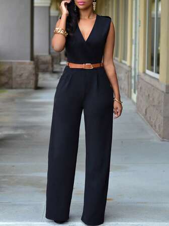 Women High Waist V-Neck Wide Leg Jumpsuit Asymmetrical Co-Ord Set With Belt