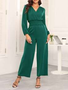 COMFYVOGUE Women's Solid Color Crossed V-Neck Lantern Sleeve Ruffle Wide Leg Elegant Jumpsuit - 軍綠色 - 查看 5