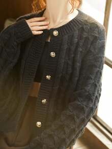 Knit Mix Women's Solid Color Simple Round Neck Knitted Cardigan For Daily Wear - Black - View 8