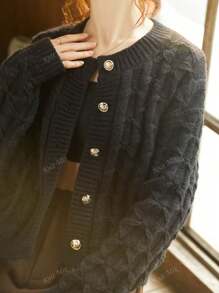 Knit Mix Women's Solid Color Simple Round Neck Knitted Cardigan For Daily Wear