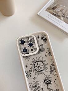 1 pieza Funda de teléfono elegante y simple con patrón de línea de luna y mariposa en lente de arena beige, Body completo a prueba de golpes, grueso TPU, compatible con iPhone/Redmi/VIVO/OPPO, versión internacional a prueba de agua, resistente a caídas y arañazos, no la versión nacional - Beis - Ver 5