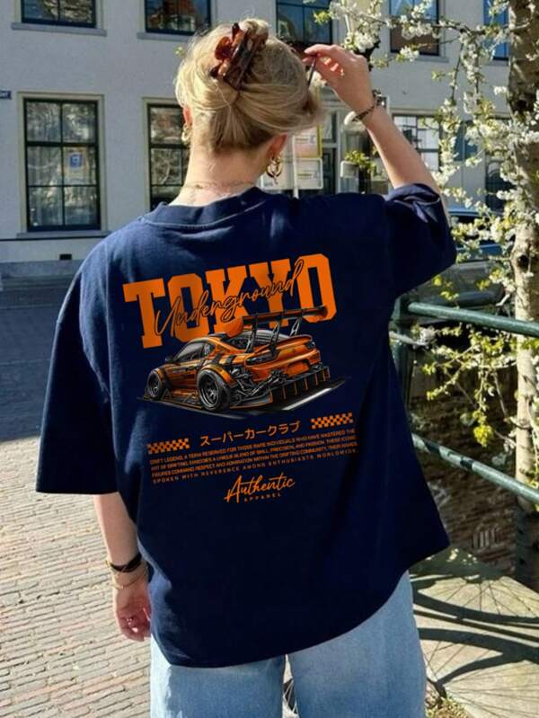 The New Spring And Summer Women's Printed Pattern Daily Casual Round-Neck Navy Blue Short-Sleeved T-Shirt Is Fashionable And Elegant, With A Vacation Style. It's Your Daily Essential And A Holiday Top