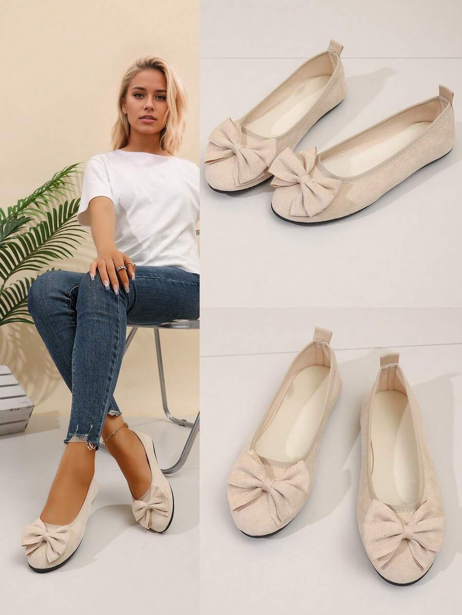 Women's Comfortable Stylish Bow - Embellished Closed - Toe Flat - Heel Casual Elegant Daily Wear Spring/Summer Beige Suede Ballet Flats - Beige - View 1