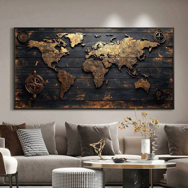 Large Vintage World Map And Compass Canvas Wall Art - Rustic Nautical Decor For Living Room, Bedroom Or Hallway - Unframed 2D Abstract Prints On Dark Wood Texture Background, Living Room Decor, Antique Style, Home Aesthetic, 2D Flat