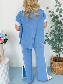 夏季撞色拼接纹理条纹休闲宽松裤套装两件套