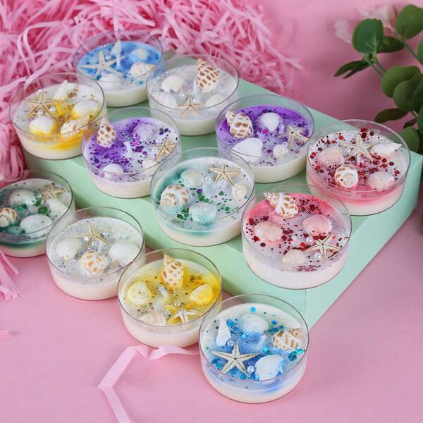 1pc/ 6pcs Gift Box Set Of New Marine Shell-Themed Scented Candles, Decorated With Pearl Sequins And Featuring A Perfect Combination Of 6 Scents, Can Enhance A Romantic Atmosphere And Is Suitable As A Festival Gift