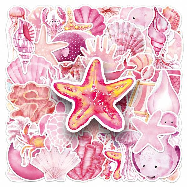 50/100pcs Pink Marine Animal Stickers Suitable For Mobile Phone And Computer Surface Decoration Aesthetic Stickers For Scrapbook Journaling Water Bottles Laptop, Scrapbooking Supplies Kit, Waterproof Vinyl Bullet Junk Journal Stickers For Adults School Supplies,Back To School