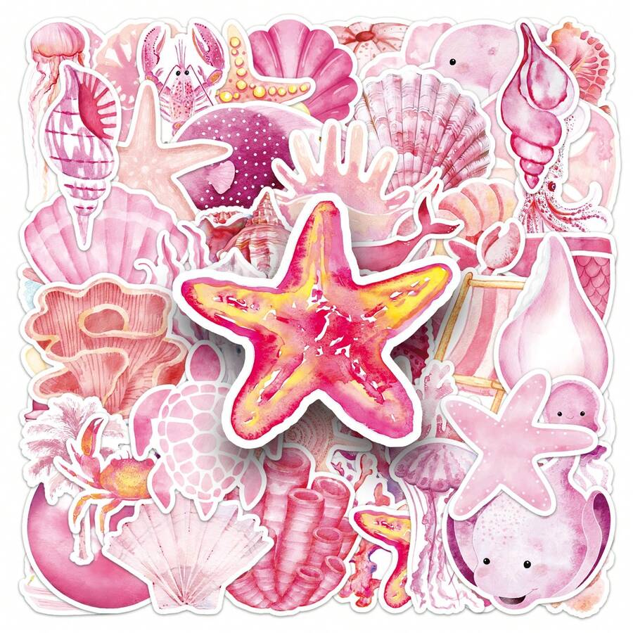 50/100 peças Adesivos de animais marinhos rosa, adequados para decoração de superfície de telefone celular e computador, adesivos estéticos para álbum de recortes, diários, garrafas de água, laptop, kit de material de scrapbooking, adesivos a prova d'Água de vinil para adultos, suprimentos escolares, volta às aulas - Multicolorido - Visão 1