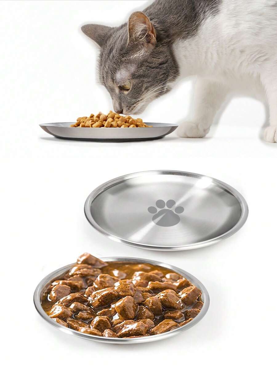 6.7" Stainless Steel Cat Food Bowl With Cute Paw Print Design, Suitable For Cat Whiskers, Shallow Food Dish For Indoor Kittens Feeding Dry And Wet Food, Anti-Whisker Fatigue - Multicolor - View 1