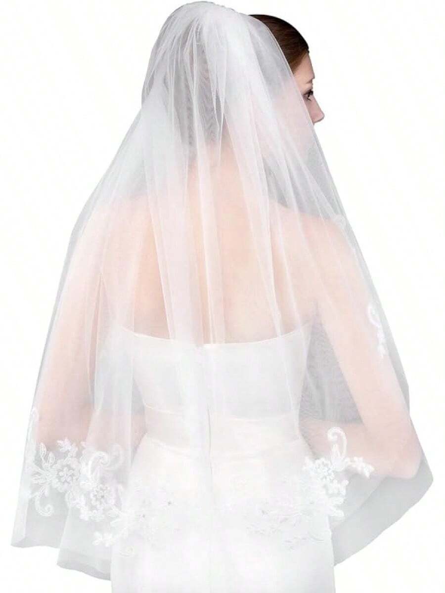 Short Wedding Veil With Comb - 2 Tier Bridal Veil, 24" Length Tulle Bride Accessories For Women - 象牙色 1& 附水晶 - 查看 1