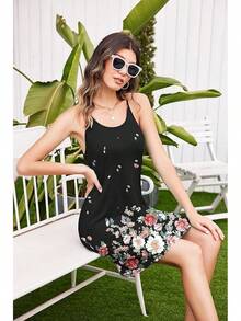 Women's Racerback Sleeveless Nightgown, Sleepwear - Black Flower - View 2