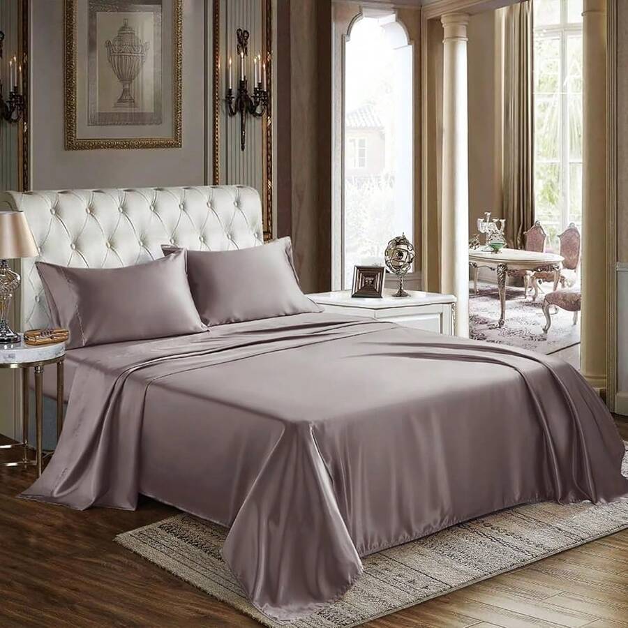 New- Satin Sheets Queen Size - 4 Piece Dusty Purple Bed Sheet T Silky Microfiber, 1 Deep Pocket Fitted Sheet, 1 Flat Sheet, And 2 Pillowcas - Ooth And Soft - 塵紫女王 - 查看 1