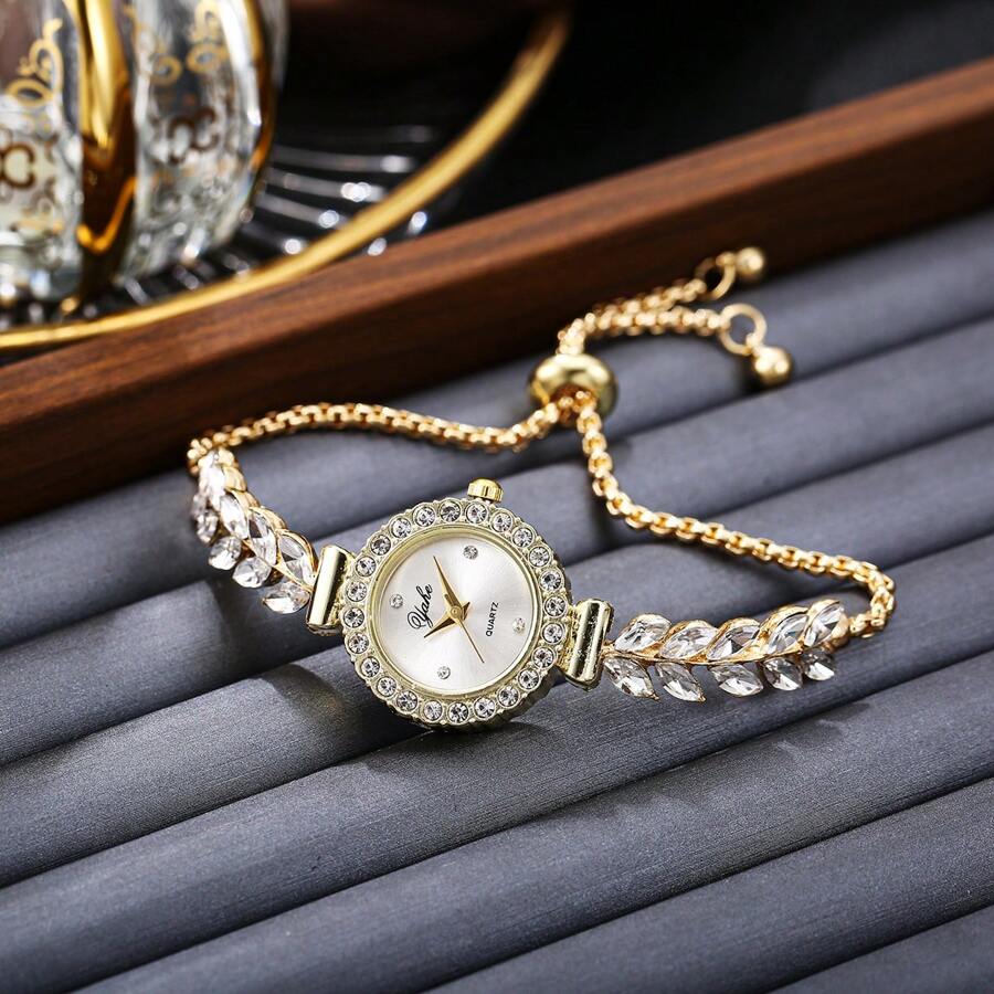 1 pieza Reloj de cuarzo con diseño de hoja de rhinestone colorido, ajustable, para uso en fiestas, de moda