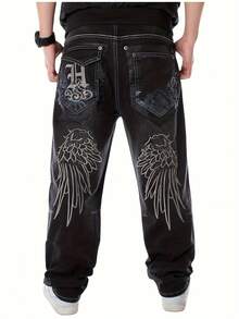 Men's Embroidered Washed Casual Relaxed Straight-Leg Jeans Hip-Hop Streetwear Angel Wing Embroidery  For Husband, Boyfriend Gifts Going Out Hang Out Commute College  Everyday Outfits Street Dance - 黑色 - 查看 6