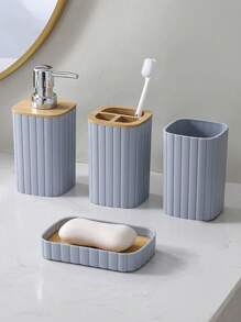 4Pcs Bathroom Set Soap Dispenser Toothbrush Cup And Bamboo Tray Set Countertop Toiletries Storage Set For Farmhouse Bathroom Decor Back To School