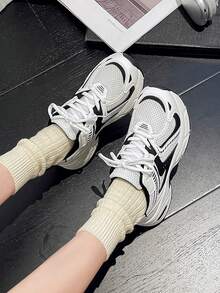 All Season Plus Size Casual Sneakers, Thick Sole Wedge Chunky Sneakers, Leather & Mesh Patchwork, Breathable, Versatile, Couple Shoes, Outdoor Sports Running Shoes. Size Runs Small, Please Order One Size Up. - Black - View 9