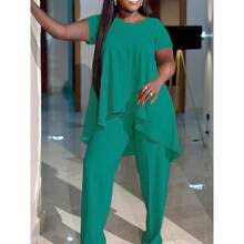 Women's Plus Size Pant Suits 2 Piece Outfits Short Sleeve Peplum Top Pockets Wide Pants Sets Business Pantsuits - Dark Cyan - View 2