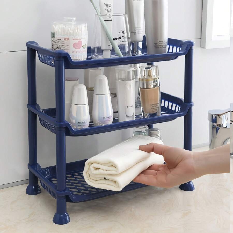 1pc 2/3 Tier Plastic Desktop Makeup Storage Rack Organizer With Hollow Design, Multi-Purpose Utility Storage Shelf For Makeup,Seasoning,Stationery,Space-Saving & Large Capacity In Vertical Space,Freestanding Compact Kitchen Essentials Holder Basket Home Decor Back To School Room Decor School Supplies