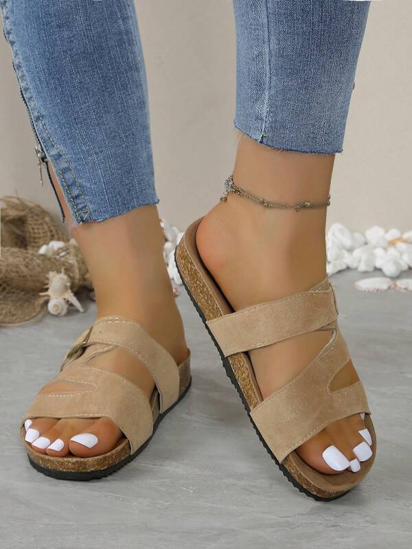 Sandálias rasteiras casuais femininas, sapatos baixos, chinelos de cortiça macia, sapatos casuais com fivela para férias na praia