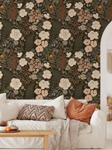 Peel And Stick Wallpaper Floral Vintage Removable Rose Leaf Black/Brown/Beige Stick On Mural Botanical Rose Wall Art Wall Decor Flowers On Navy Bluekid's Room Self Adhesive Wallpaper Wall Paper Wall Stickers Room Decor Wall Sticker