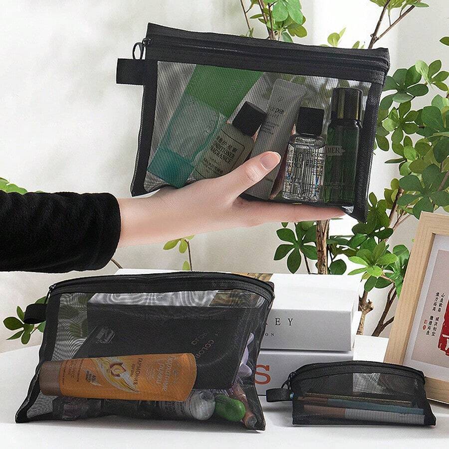 1/3 Stücke graue und schwarze Reisetasche für Kosmetik, aus Nylonmaterial gefertigt, geeignet zum Aufbewahren von Lippenstift, Puder, Lipgloss, Lotion, Handcreme und anderen Damen-Kosmetikartikeln. Zusätzlich können darin auch Alltagsgegenstände wie Masken, Stifte und Radiergummis aufbewahrt werden.