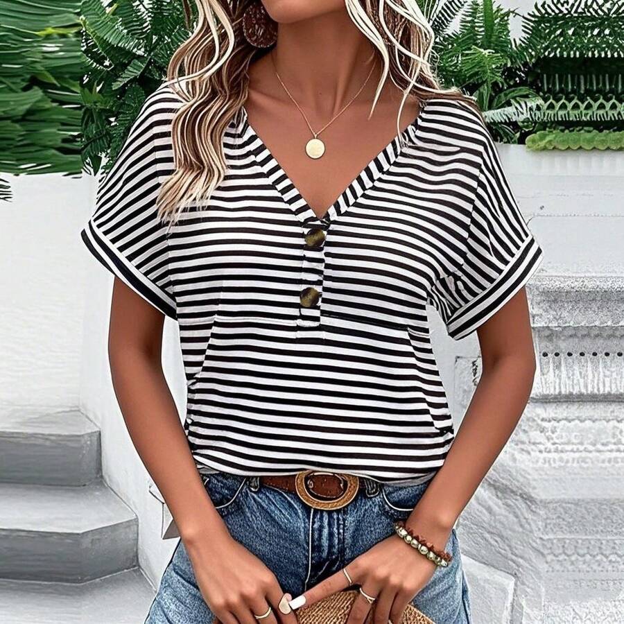 Contrast Black & White Stripe Button V-Neck Short Sleeve Blouse - Black and White - View 1