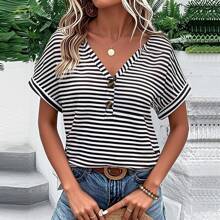 Contrast Black & White Stripe Button V-Neck Short Sleeve Blouse