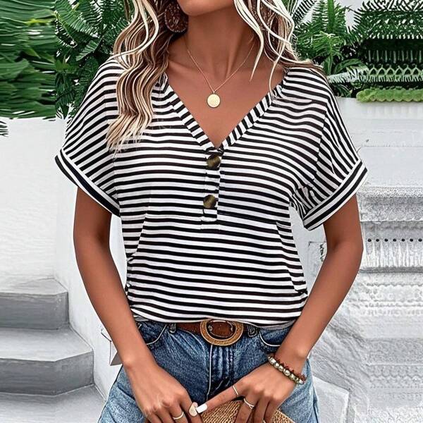 Contrast Black & White Stripe Button V-Neck Short Sleeve Blouse
