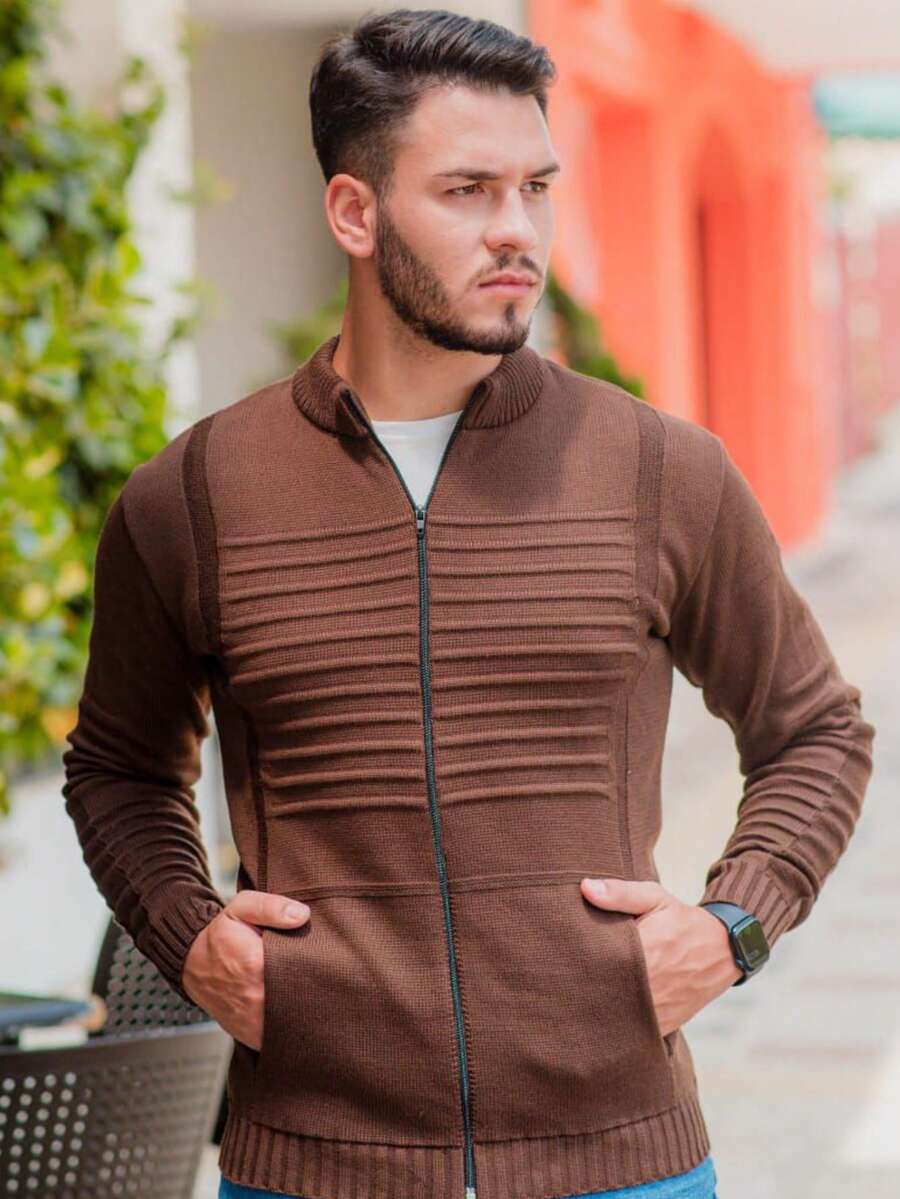 Men's Winter Coat Wool Knit Men's Jacket With Pocket And Zipper - Brown - View 1