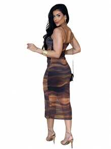 Vestido Mídi Estampado de Tule Elegante Casual Festa - Marrom - Visão 2