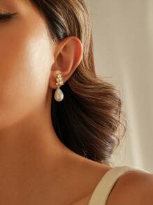 1Pair Gorgeous Gold - Plated Pearl & Cubic Zirconia Drop Earrings - Ideal For Daily Wear, Banquets, Gatherings, Weddings - Bridal Pearl Earrings