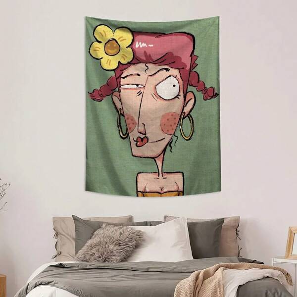 1pc Abstract Girl Printed Tapestry, Polyester Wall Hanging Decoration For Living Room, Bedroom, Office, Party, Rectangle Kitchen Wall Decor With Hanging Feeling, Comes With 3 Wall Nails And 2 Clips