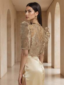 Amyenjoylife Modern Filipiniana Butterfly Sleeves Filipiniana Ladies' Spring/Summer Lace Puffed Short-Sleeved Short Cardigan Bolero Filipiniana For Women Brown Top